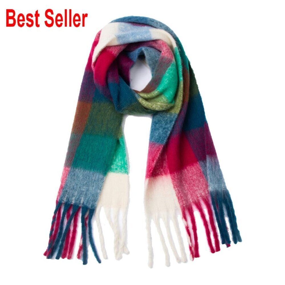 Oversized Chunky Plaid Scarf Soft Warm Shawl Winter Thick Tassel Elegant